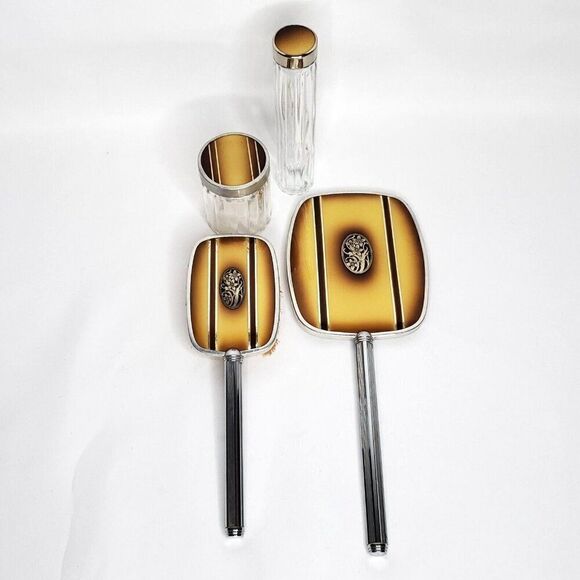 Art Decor Floral Hand Held Mirror Hair Brush Jars Containers Brown Silvertone - Picture 1 of 11